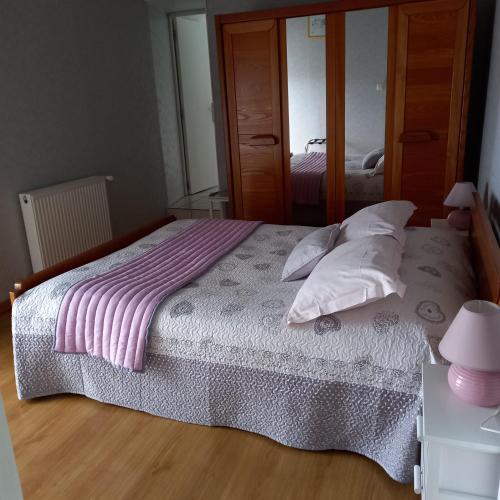 a bedroom with a large bed with pillows and a mirror at Les 4 vents in Vineuil