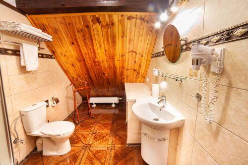 a bathroom with a toilet and a sink at Hotel Dworek Wapionka in Górzno