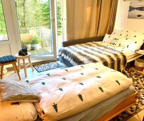 2 camas en una habitación con ventana en FeWo Fuchs Saig, en Lenzkirch
