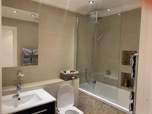 a bathroom with a shower and a toilet and a sink at Lovely room, free parking in private gated place in London