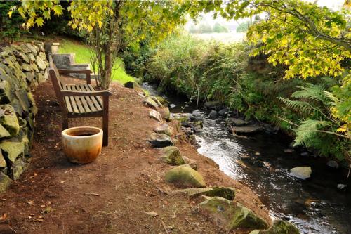 two benches sitting next to a stream with a bowl at Riverside Cottage at Logwood Mill in Ballyclare