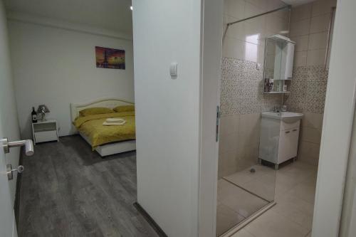a bedroom with a bed and a sink and a mirror at Apartmani Hani in Trebinje