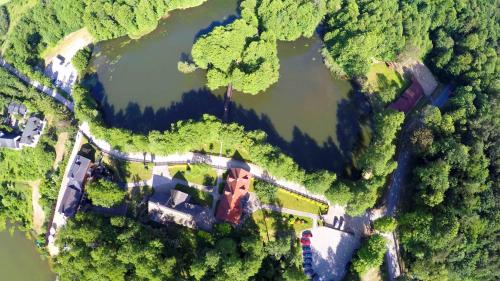 an aerial view of a house next to a lake at Hotel Dworek Wapionka in Górzno