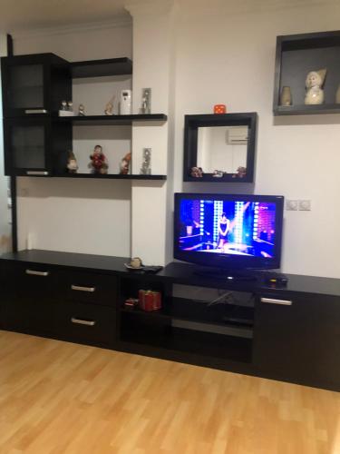 ein Wohnzimmer mit einem TV auf einem schwarzen Entertainment-Center in der Unterkunft Apartman Nada in Bijeljina