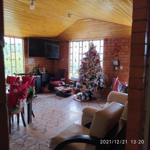una sala de estar con un árbol de Navidad en una habitación en Refugio MALUAN.. Cabaña Villa Nepo en Paipa