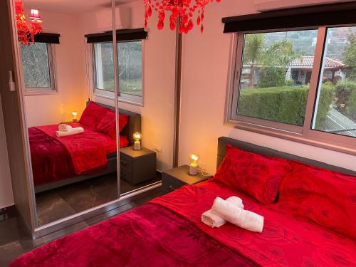 a red bedroom with two beds and a mirror at SOFROS VALLEY HILLS CHALET in Ayios Mamas