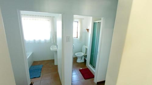 baño con aseo y lavabo y ventana en Millgate Cottage en Balgowan