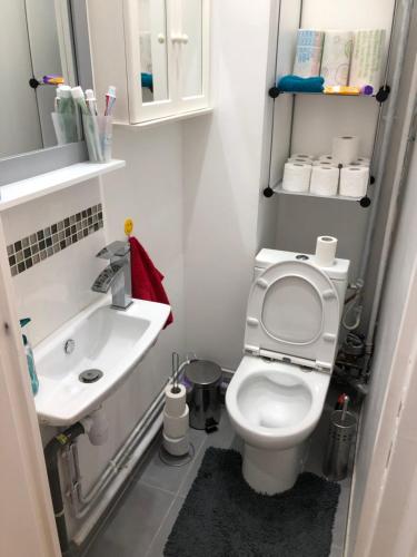 un piccolo bagno con servizi igienici e lavandino di Nice Apartment ideal to visit Paris a Clichy