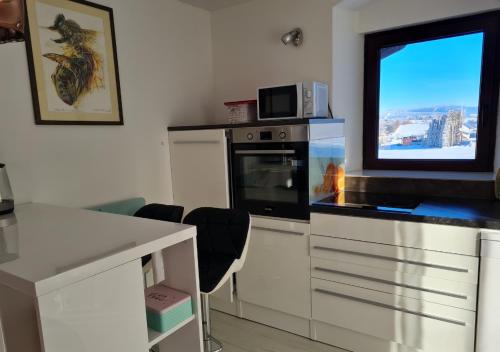 a room with a kitchen with a microwave and a window at Ferien- und Businesswohnung Relax im ersten Stock in Sonnen