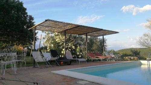 a pavilion over a pool with chairs and a table and a swimming pool at Agriturismo Casa Greppo in San Venanzo