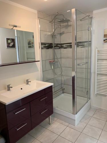 La salle de bains est pourvue d'une douche en verre et d'un lavabo. dans l'établissement Le Sweet Home Lens, à Lens