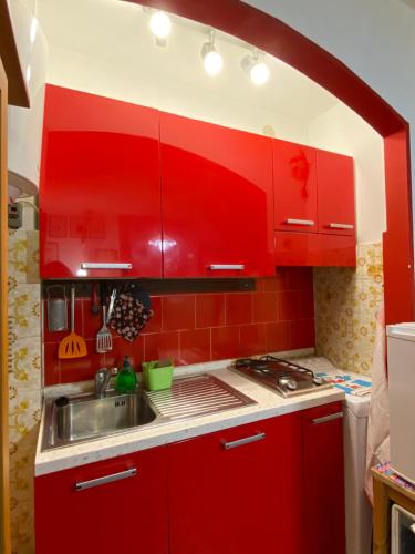 a red kitchen with a sink and red cabinets at Bilocale condominio del sole in San Giacomo