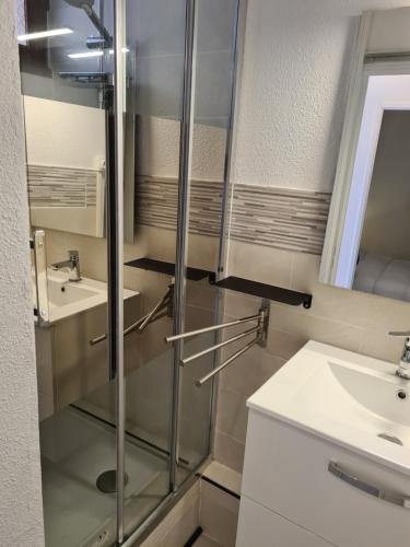 a bathroom with a shower and a sink at Superbe T2 climatisé, proche plage avec parking privé in Saint-Cyprien