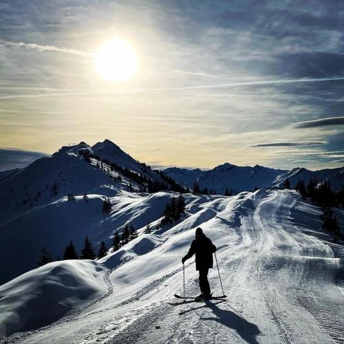 a man riding skis down a snow covered slope at Chalet Franzi - gleich an der Piste im Gasteinertal in Dorfgastein