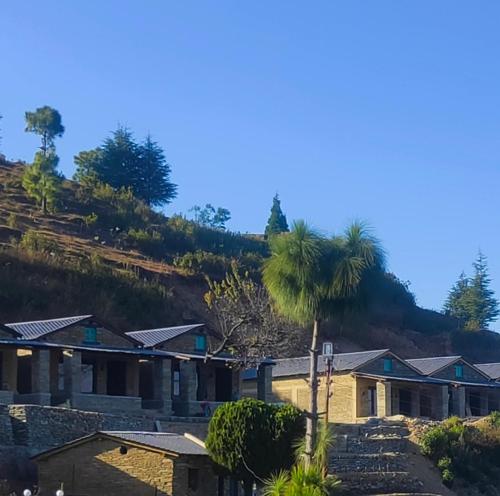 a house with a palm tree in front of a hill at Meraki Huts in Pauri