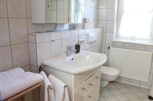 a white bathroom with a sink and a toilet at EG Apartment - WLAN - Terrasse - Parkplatz in Buchenberg
