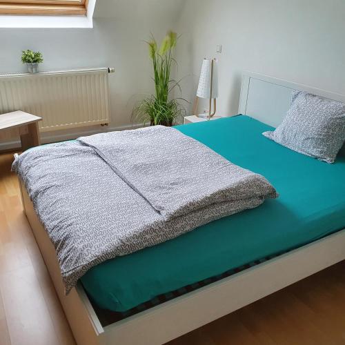 Un dormitorio con una cama con una manta. en NiceRooms Aachen en Würselen