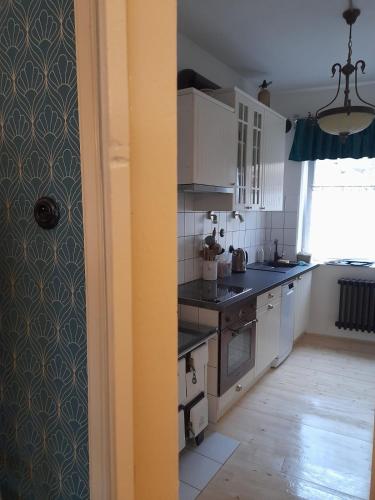a kitchen with white cabinets and a stove top oven at Zlatá léta - apartmánový dům Jáchymov in Jáchymov