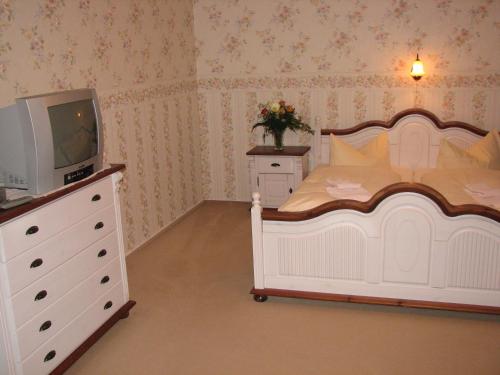 a bedroom with a bed and a tv and a dresser at Hotel Garni Dekorahaus in Bad Schandau