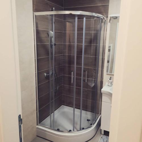 a shower with a glass door in a bathroom at Apartman Casa Lukavica Istočno Sarajevo in Lukavica