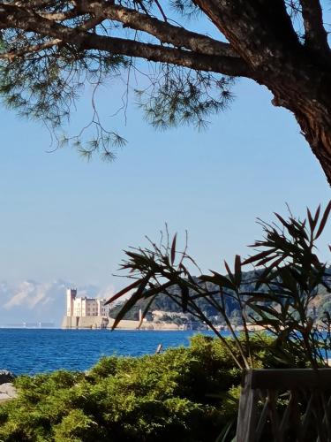 uma vista para a água com um castelo ao fundo em medium miramare appartamento sogno sul mare em Trieste