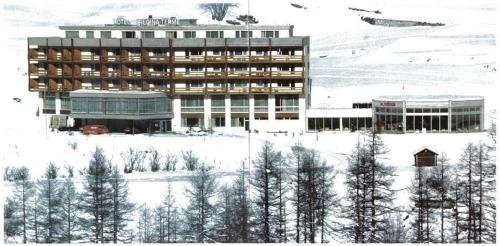 a building in the snow with trees in front of it at Hotel Regina Terme in Leukerbad