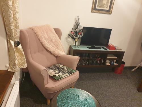 sala de estar con silla y TV en ApartHome Barbara 1 en Toruń