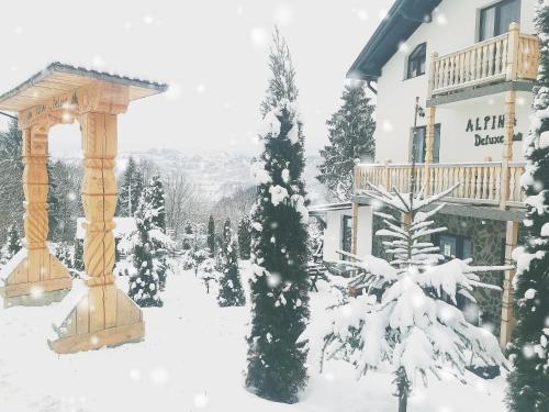 a building with a gazebo in the snow at Alpina Panoramic in Moisei