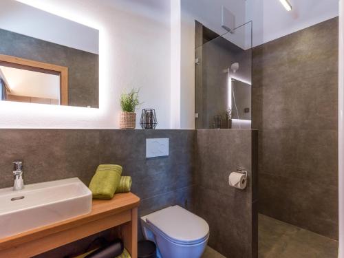 a bathroom with a sink and a toilet and a mirror at Schrolln Appartements in Kirchberg in Tirol