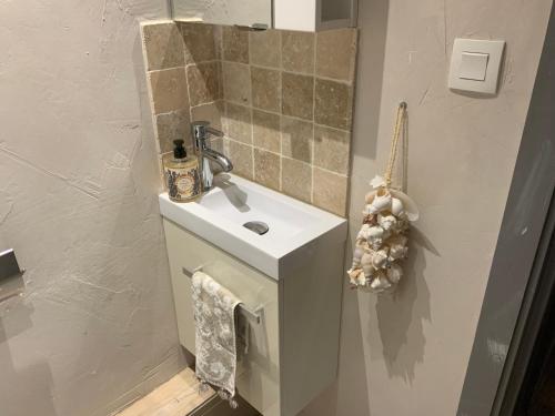 une salle de bain avec un lavabo blanc et une douche dans l'établissement Les Restanques du Golfe de Saint Tropez Außergewöhnlicher Meerblick TOP WLAN, à Grimaud