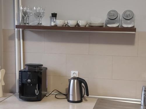 Příslušenství pro přípravu čaje a kávy v ubytování Apartament z ogrodem Tychy