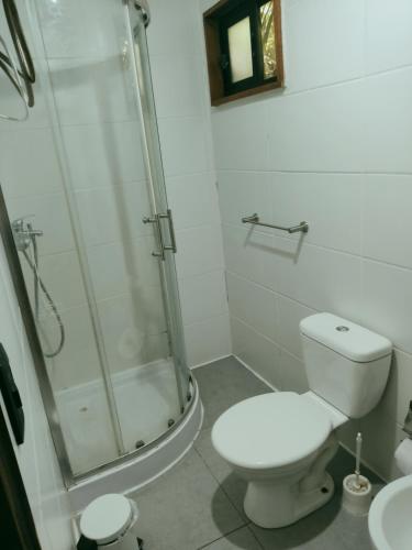 Un baño blanco con ducha y WC. en El Barco, en Punta del Este