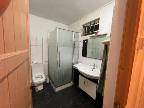 a bathroom with a shower and a toilet and a sink at Green bay 2 in Pereybere