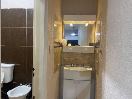 a bathroom with a sink and a toilet and a mirror at Departamentos - del TALAMPAYA in Villa Unión