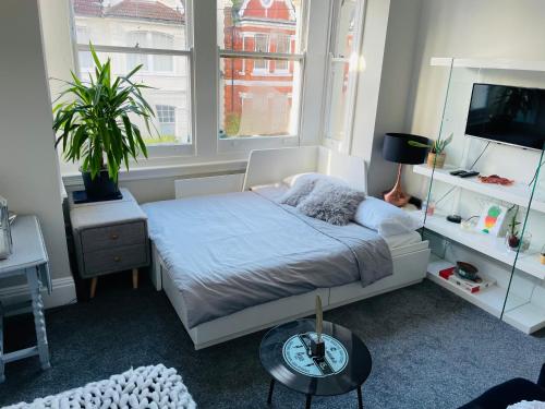 a bedroom with a bed and a tv and a table at Lancaster Entire Studio in Brighton & Hove