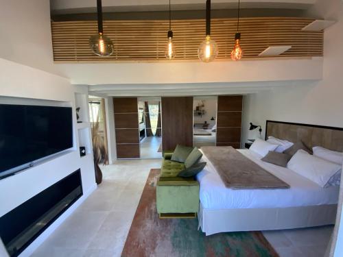 a bedroom with a large bed and a flat screen tv at Le Hameau des vanades in Ampus
