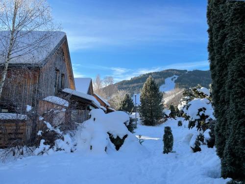 a house covered in snow next to a barn at Ferienhaus Kreischberg - Silberhirschen Hütte in Sankt Lorenzen ob Murau