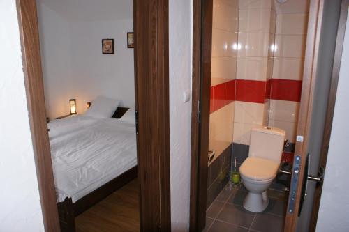 mała łazienka z łóżkiem i toaletą w obiekcie Domki Magnolia w Dźwirzynie