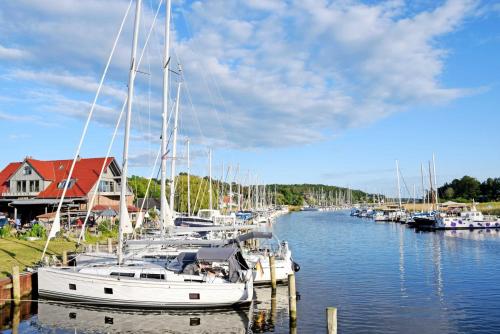 eine Gruppe von Booten, die in einem Yachthafen angedockt sind in der Unterkunft Ferienwohnungen im Appartementhaus Sellin in Ostseebad Sellin