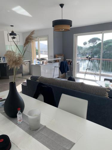 un salon avec un canapé et une table dans l'établissement Appartement F2 Salines de Porto Vecchio, à Porto-Vecchio