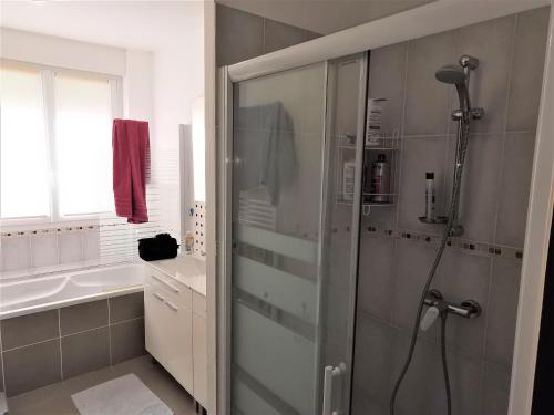 une douche avec une porte vitrée dans une salle de bain dans l'établissement Le Moulin Jodet, à Notre-Dame-de-Monts