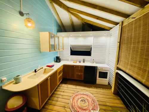 una piccola cucina con lavello e microonde di Villa Gaïa - Bungalow Ti-Spa et son jacuzzi privé dans un jardin tropical, séjour en amoureux ou en famille a Le Diamant