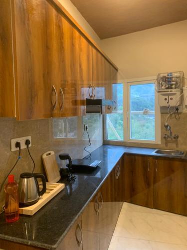 a kitchen with wooden cabinets and a counter top at Karinya Villas in Nainital