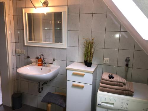 ein Badezimmer mit einem Waschbecken, einem Spiegel und einem Waschbecken in der Unterkunft Riverview Loft in Central Herzogenaurach in Herzogenaurach