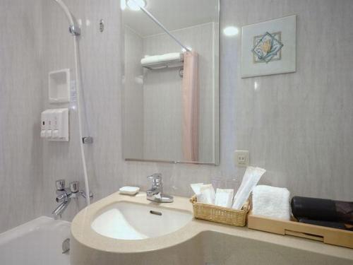 Crest Hotel Kashiwa في كاشيوا: حمام مع حوض ومرآة
