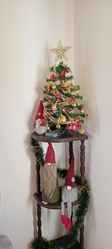 a christmas tree on a table with santa hats at Vikendica Raković in Zlatibor