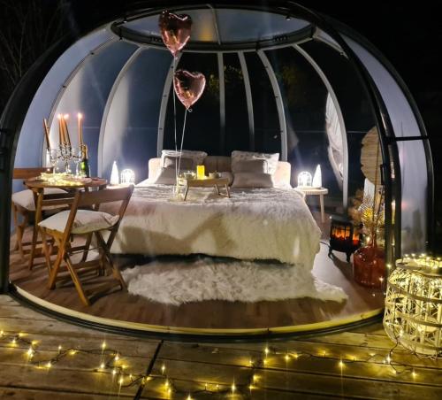 - une chambre dans un dôme avec un lit et une table dans l'établissement Le Dôme du Lac, à Ardres