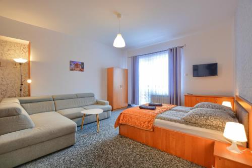 a living room with a bed and a couch at Apartdom in Krynica Zdrój