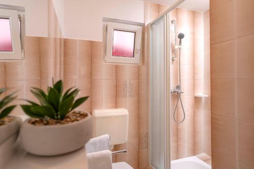 a bathroom with a shower and a toilet and a plant at Apartments Ena in Vrboska