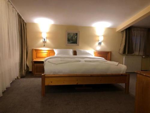 a bedroom with a large bed with two lights on at Dolomiti Apartments in Bansko